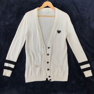 F21 Cream Longline Knit Cardigan With Heart & Black Varsity Stripes - S